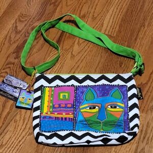 Laurel Burch Whimsical Cat Crossbody Bag Chevron Canvas Shoulder Purse‎ new